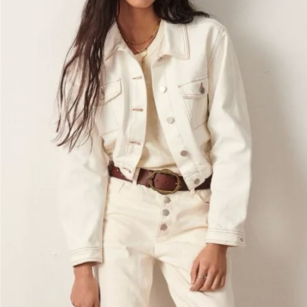 Ba&Sh White Cropped Jean Jacket with Denim Texture